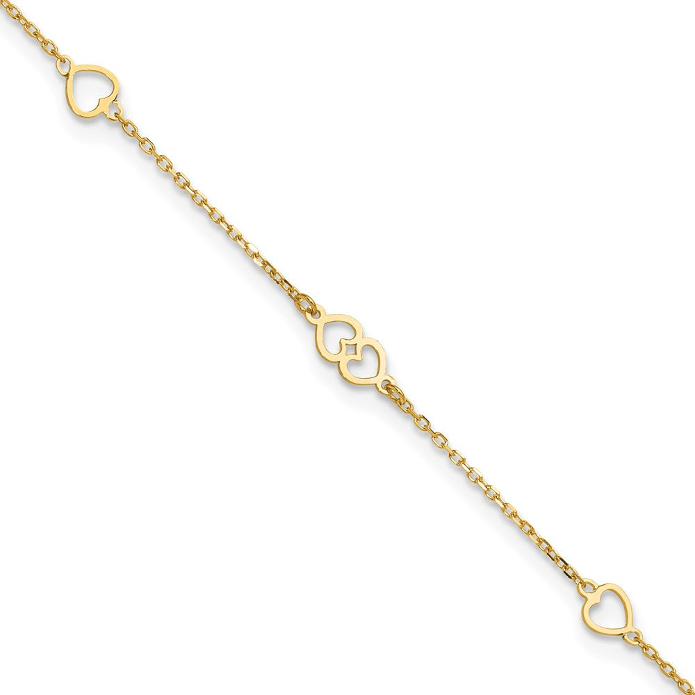 14K Polished Hearts 9in Plus 1 in ext. Anklet