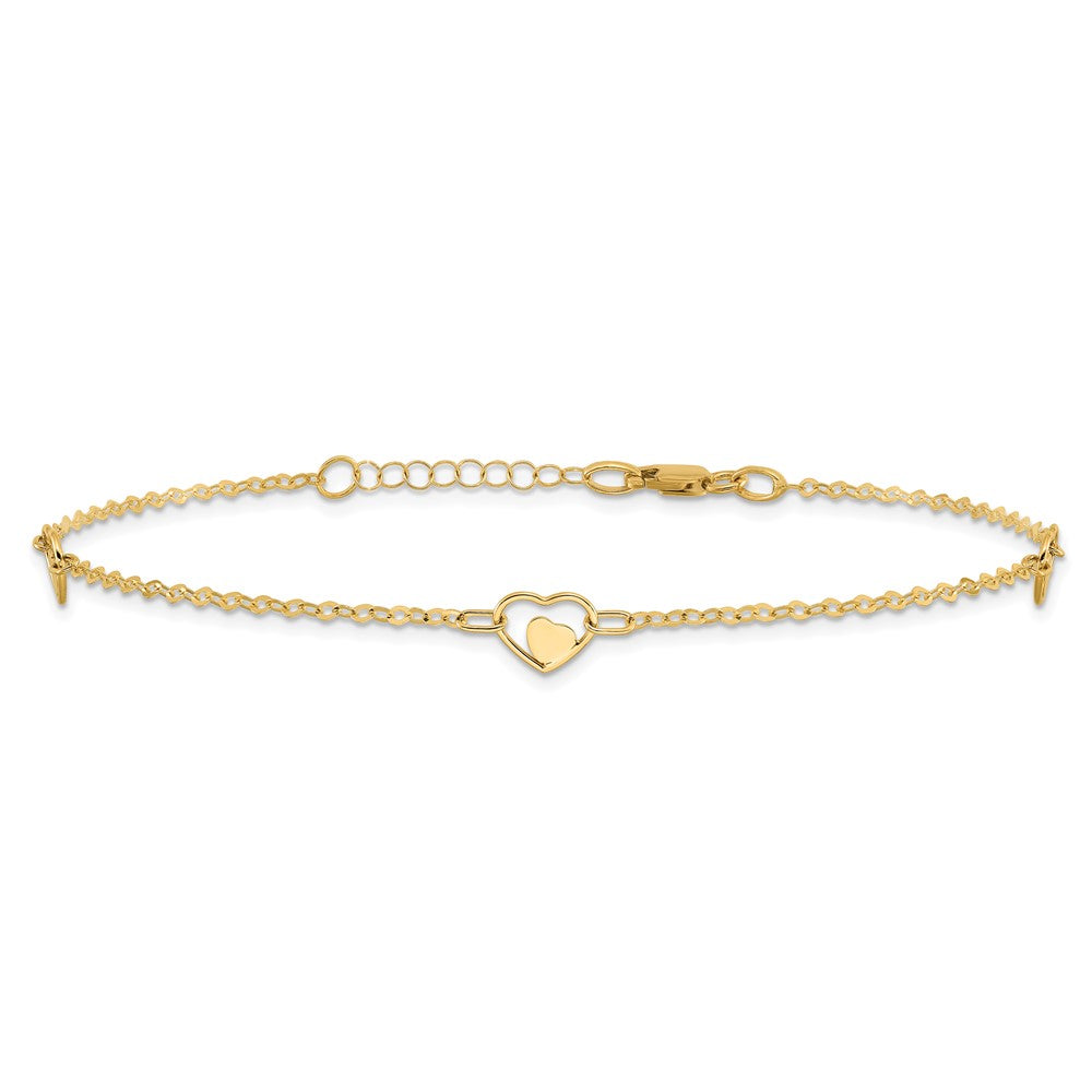 14K Polished Heart 9in Plus 1in ext Anklet
