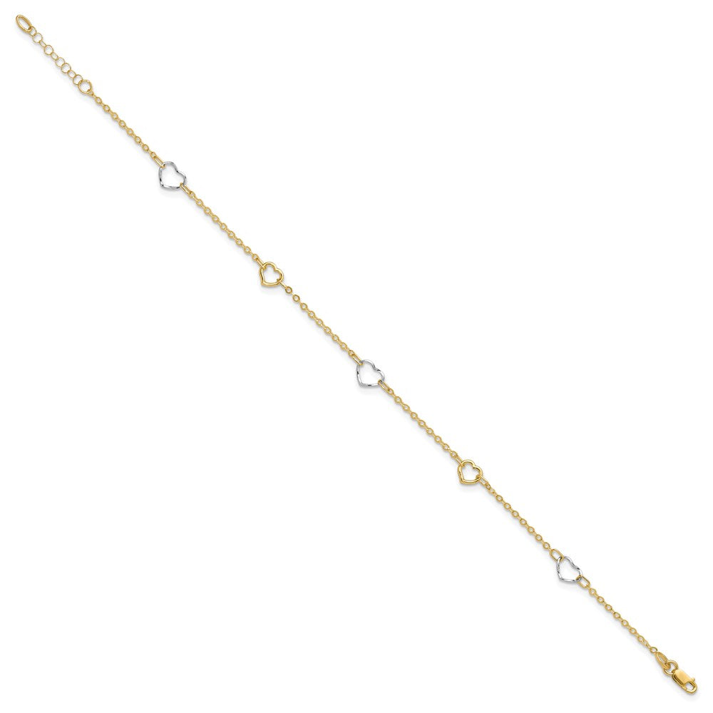 14K Two-tone Polished Heart 9in Plus 1in ext Anklet
