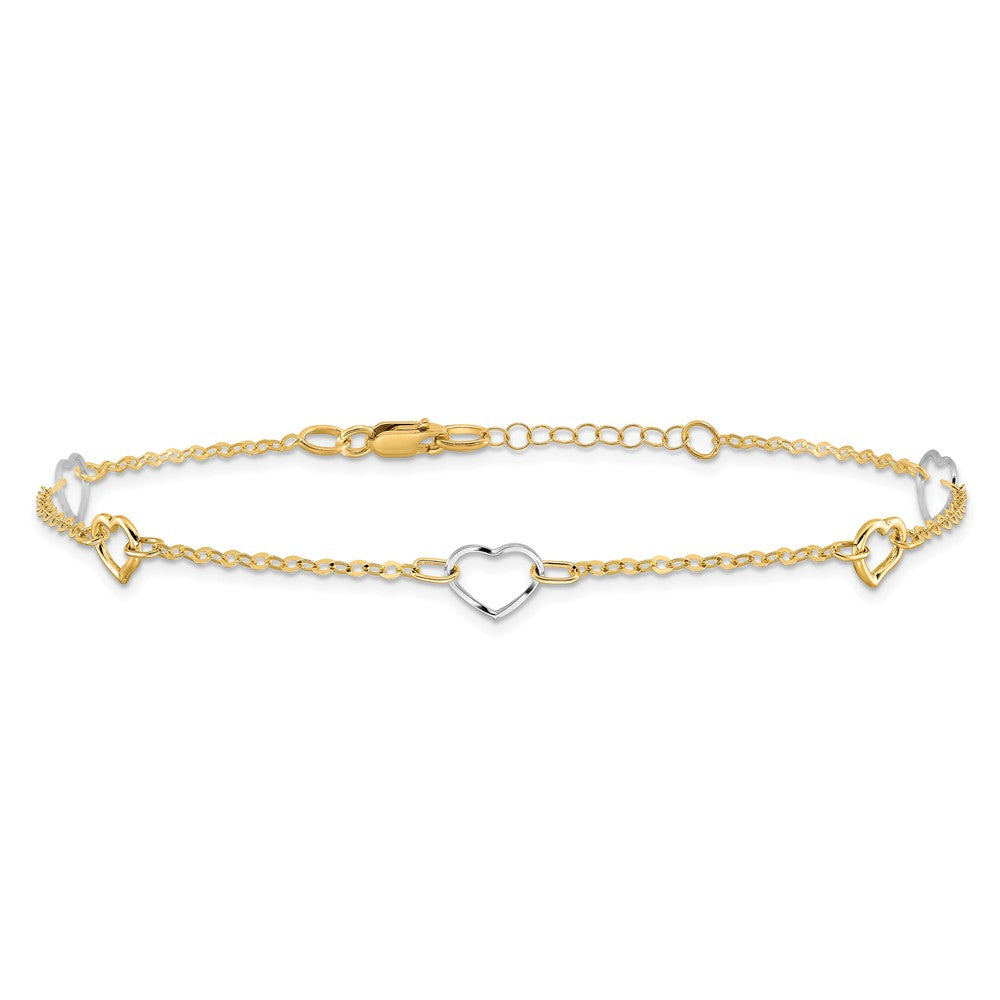 14K Two-tone Polished Heart 9in Plus 1in ext Anklet