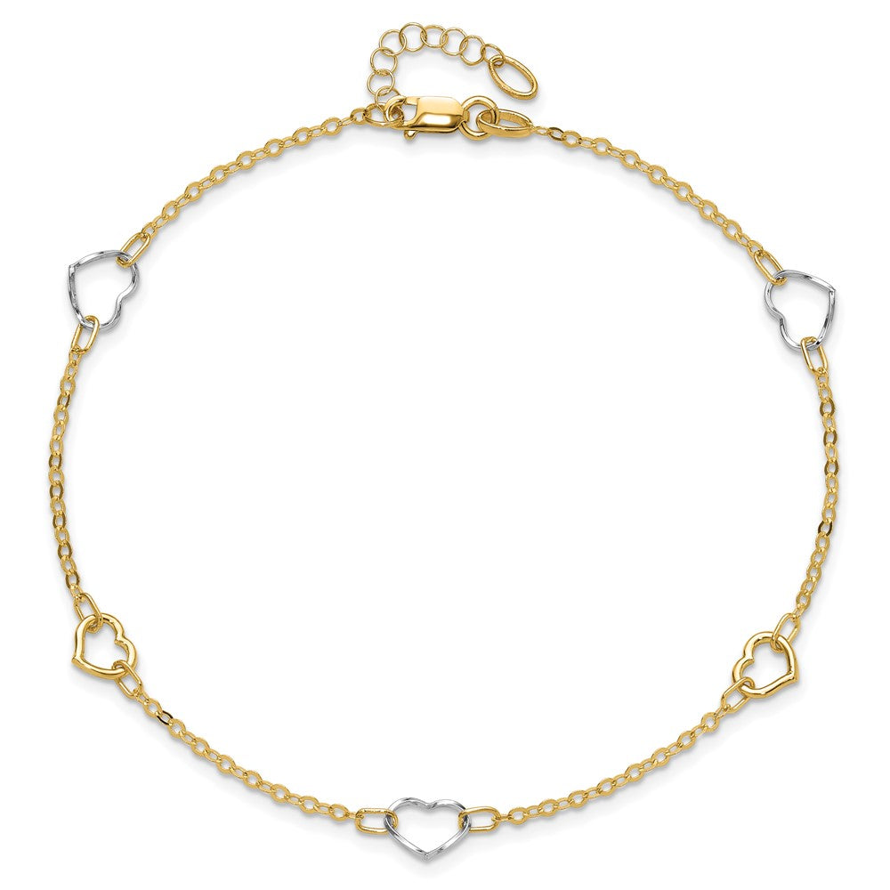 14K Two-tone Polished Heart 9in Plus 1in ext Anklet