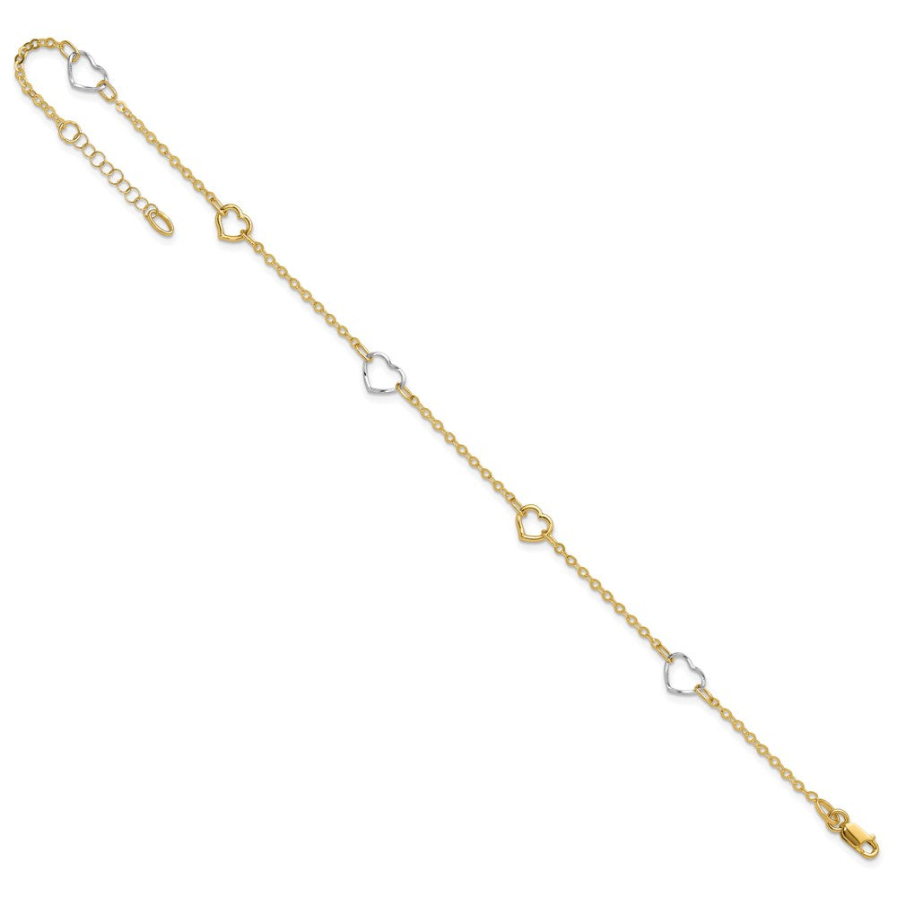 14K Two-tone Polished Heart 9in Plus 1in ext Anklet