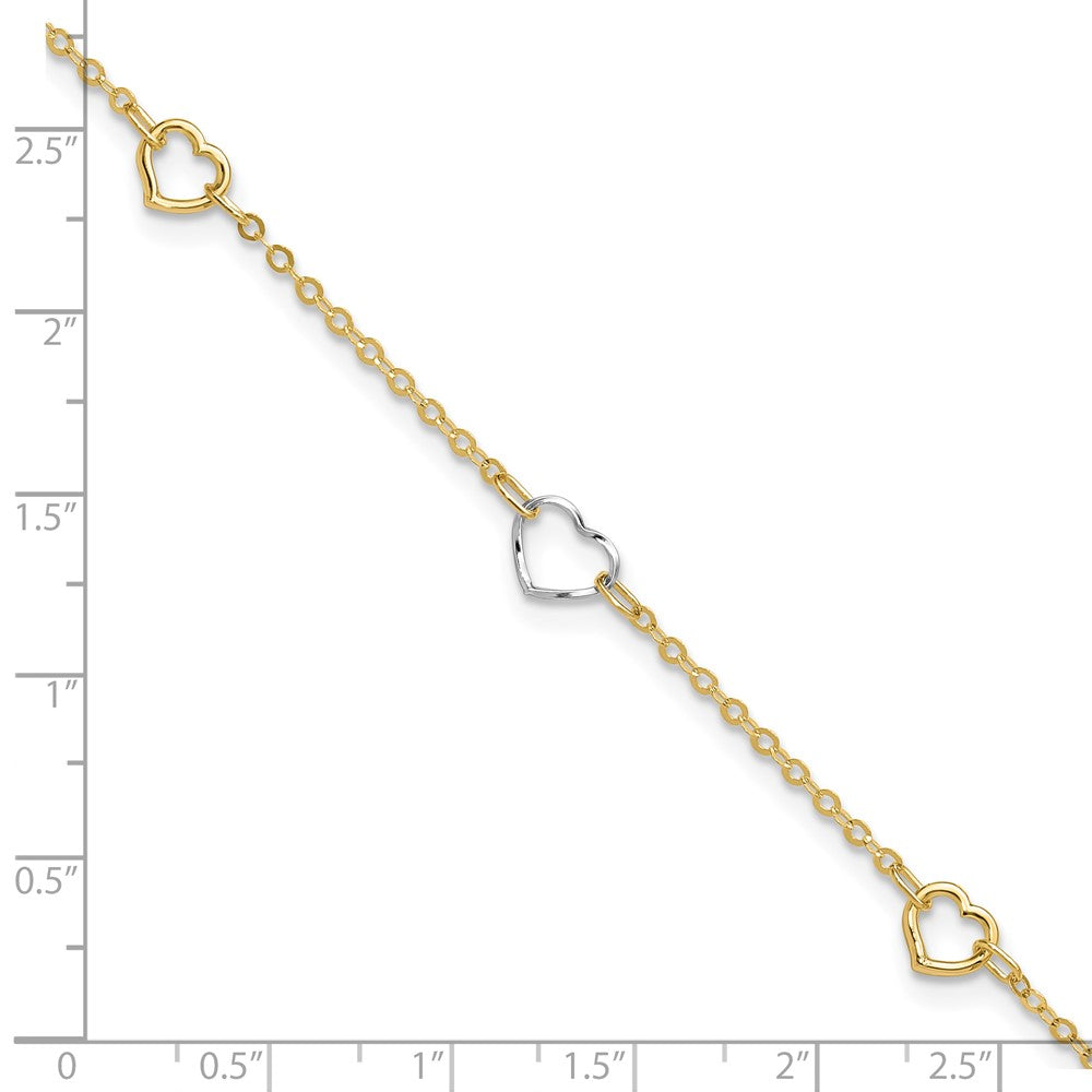 14K Two-tone Polished Heart 9in Plus 1in ext Anklet