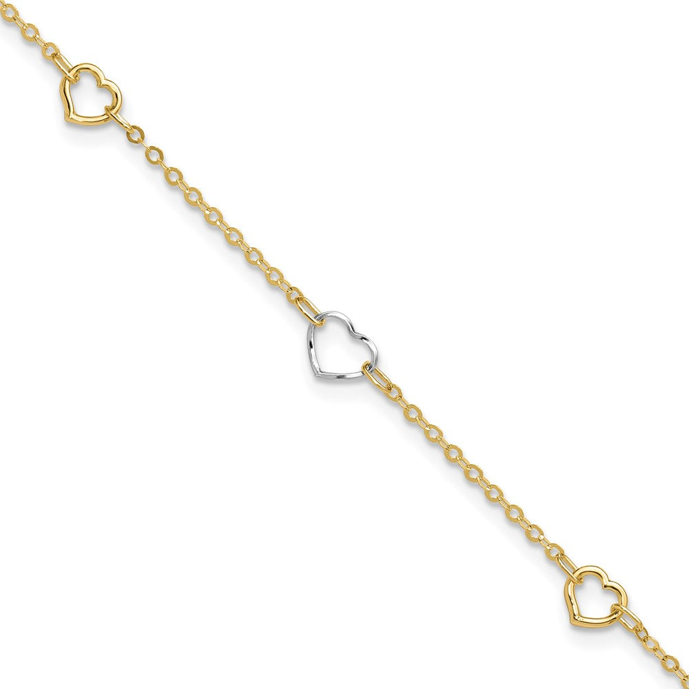 14K Two-tone Polished Heart 9in Plus 1in ext Anklet