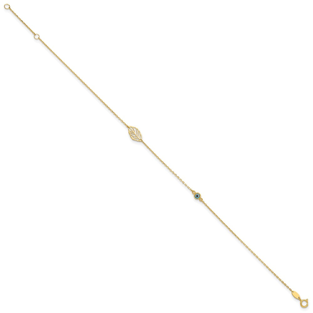 14k Leaf and Glass Eye Bead 9in Plus 1in Ext Anklet