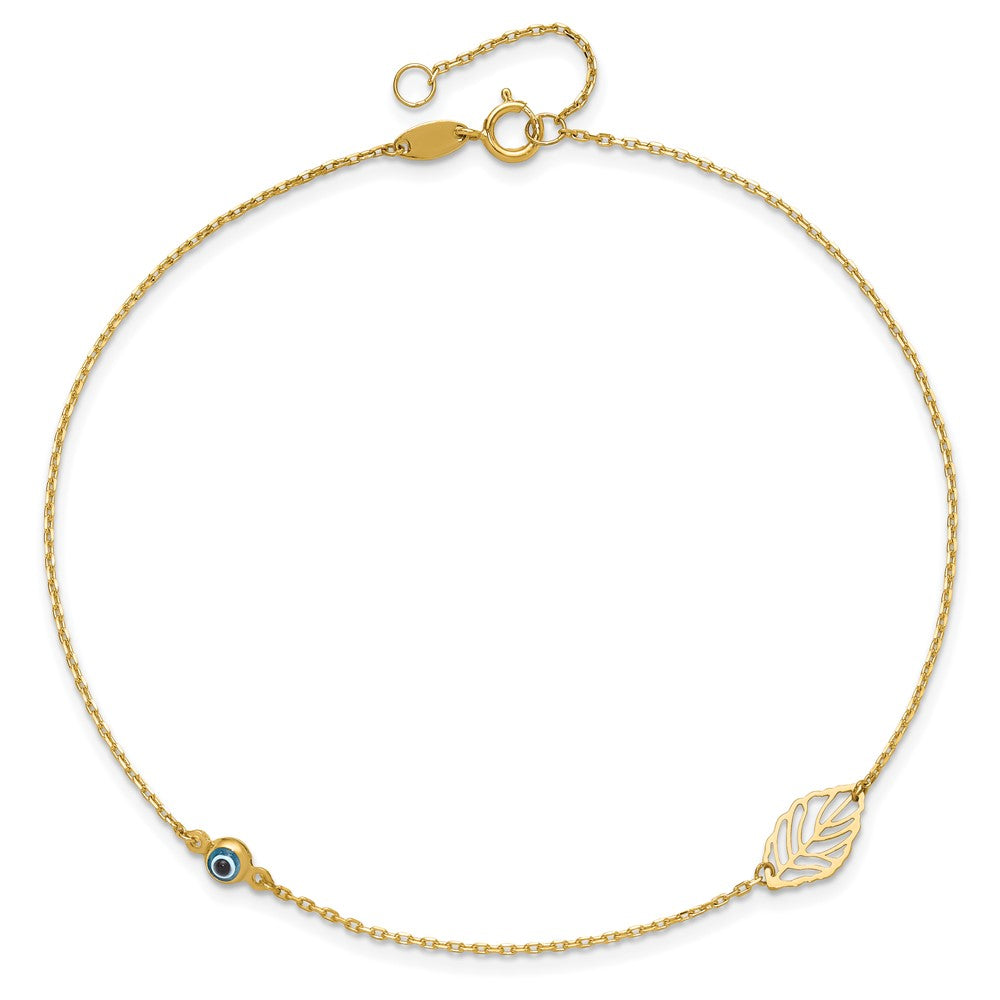 14k Leaf and Glass Eye Bead 9in Plus 1in Ext Anklet