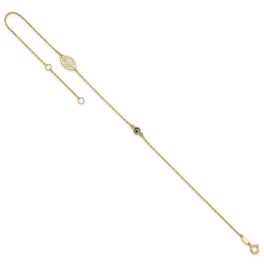 14k Leaf and Glass Eye Bead 9in Plus 1in Ext Anklet