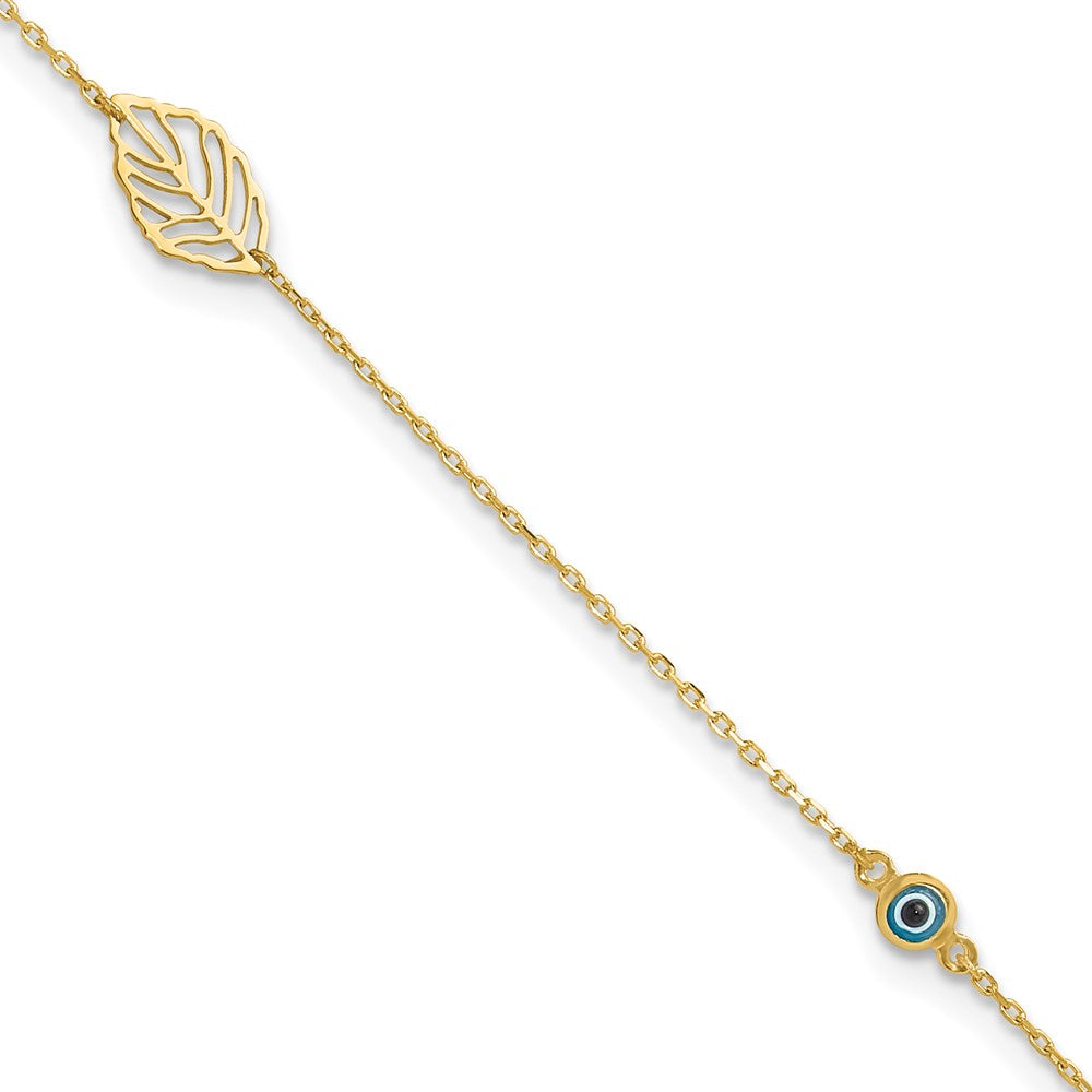 14k Leaf and Glass Eye Bead 9in Plus 1in Ext Anklet