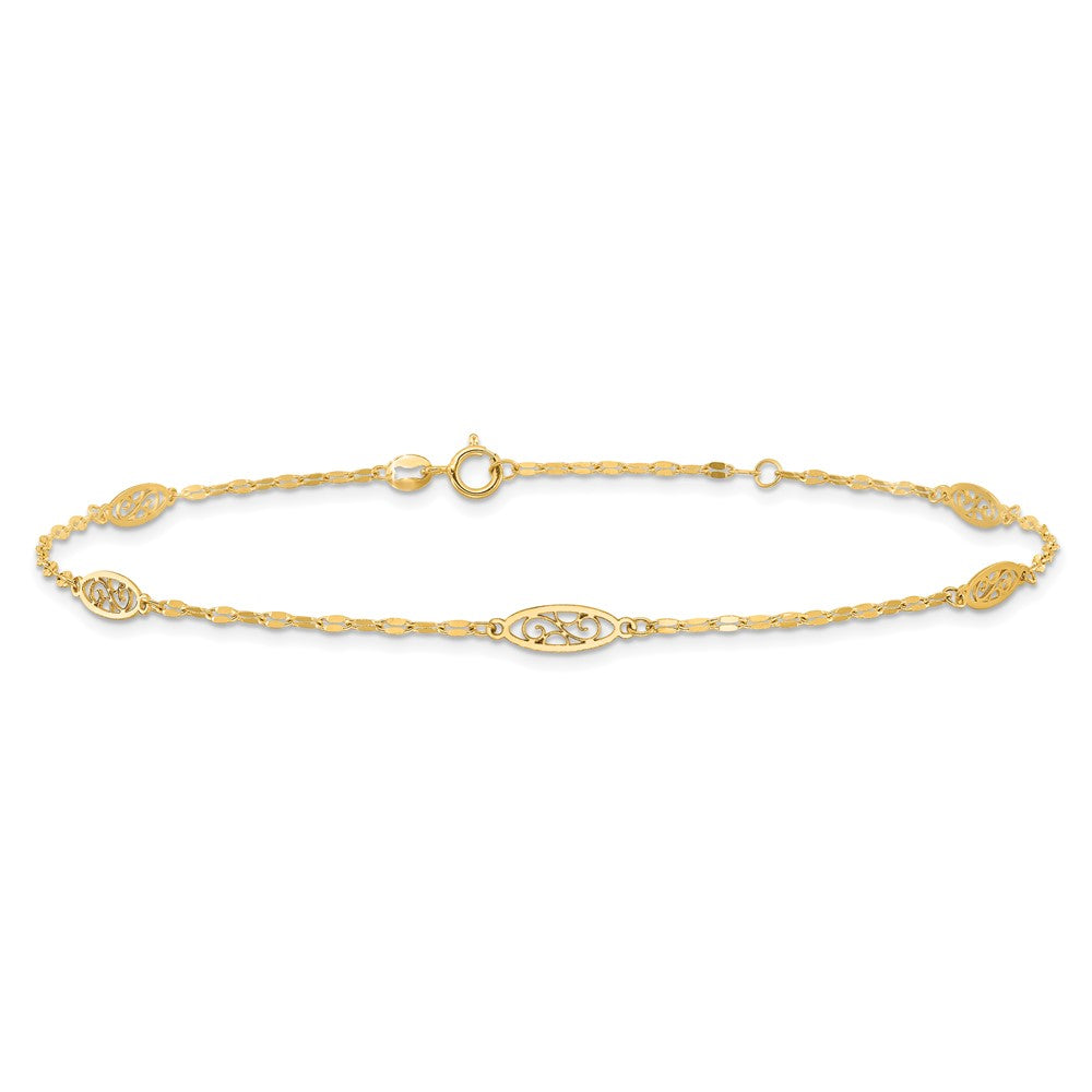 14K Polished Fancy Filigree Link 9in Plus 1 in ext. Anklet