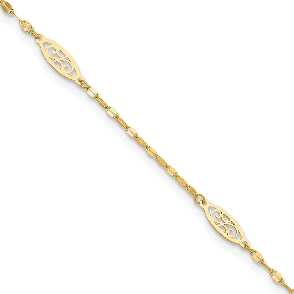 14K Polished Fancy Filigree Link 9in Plus 1 in ext. Anklet