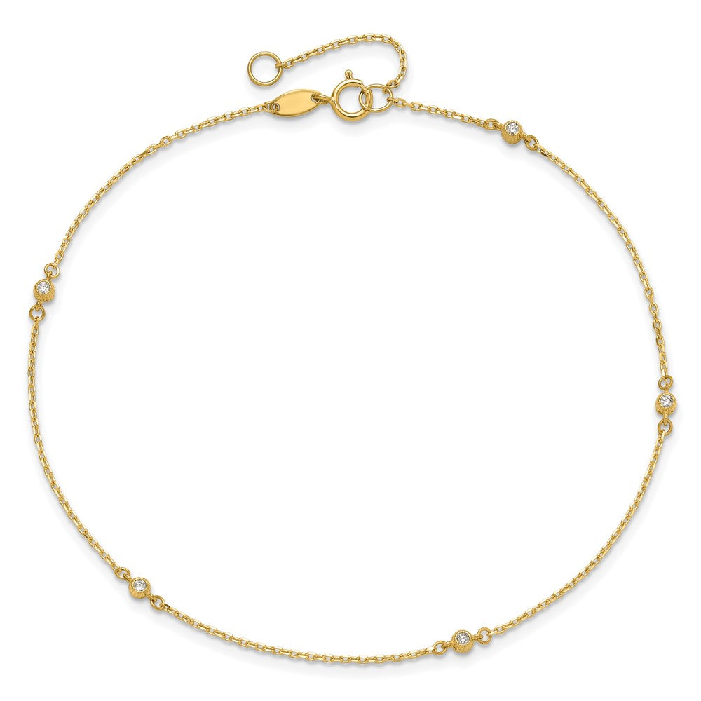 14K Polished CZ 5 Station 9in with 1 in ext. Anklet