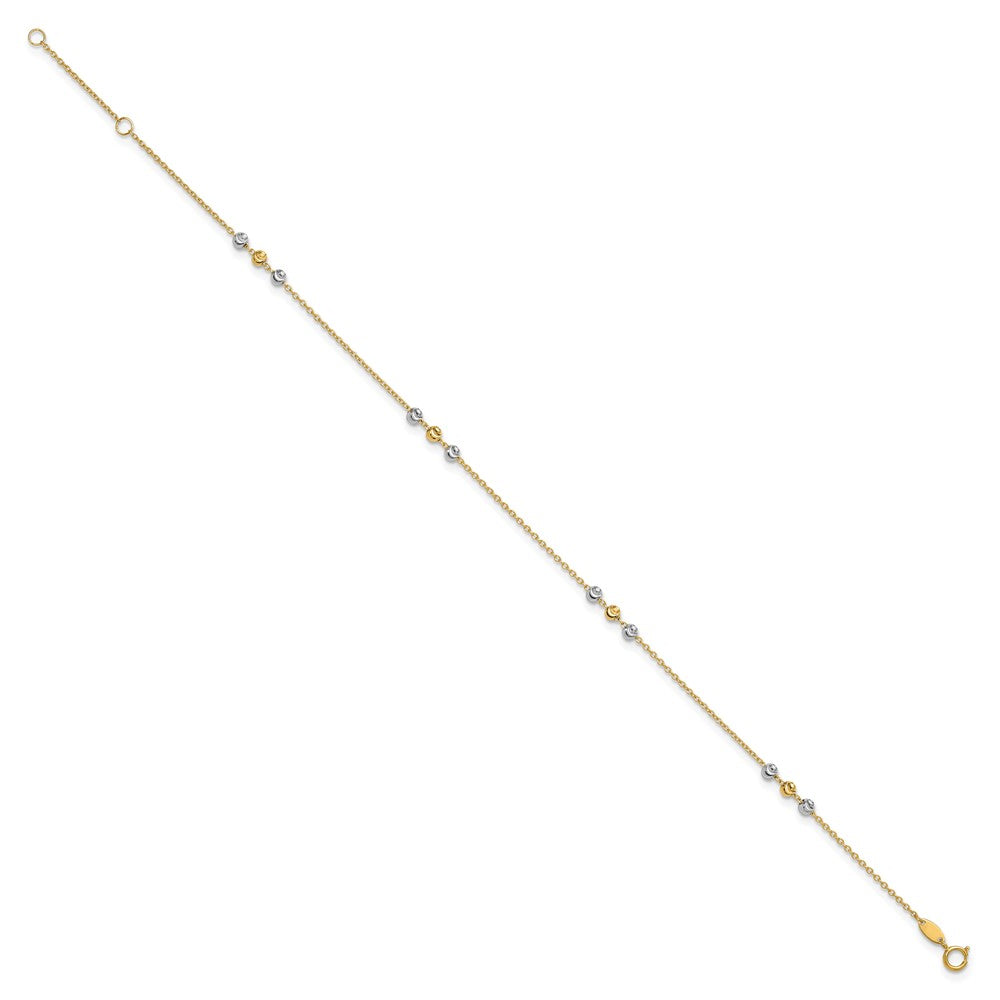 14K Two-tone Polished Diamond-cut Beaded 9in Plus 1 in ext. Anklet