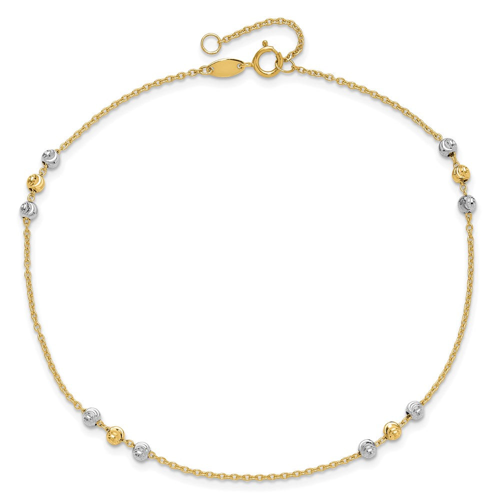 14K Two-tone Polished Diamond-cut Beaded 9in Plus 1 in ext. Anklet
