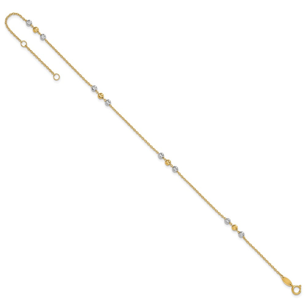 14K Two-tone Polished Diamond-cut Beaded 9in Plus 1 in ext. Anklet
