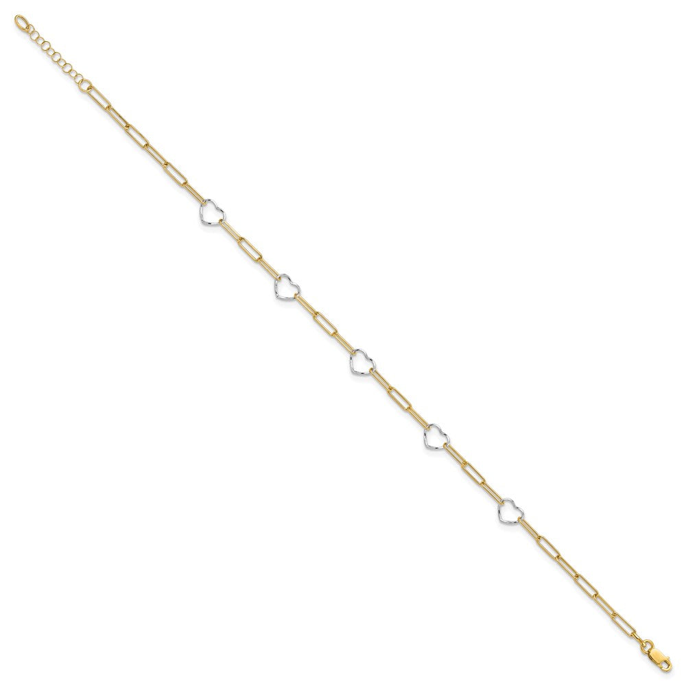 14K Two-tone Paperclip Link Heart 9in Plus 1in ext. Anklet