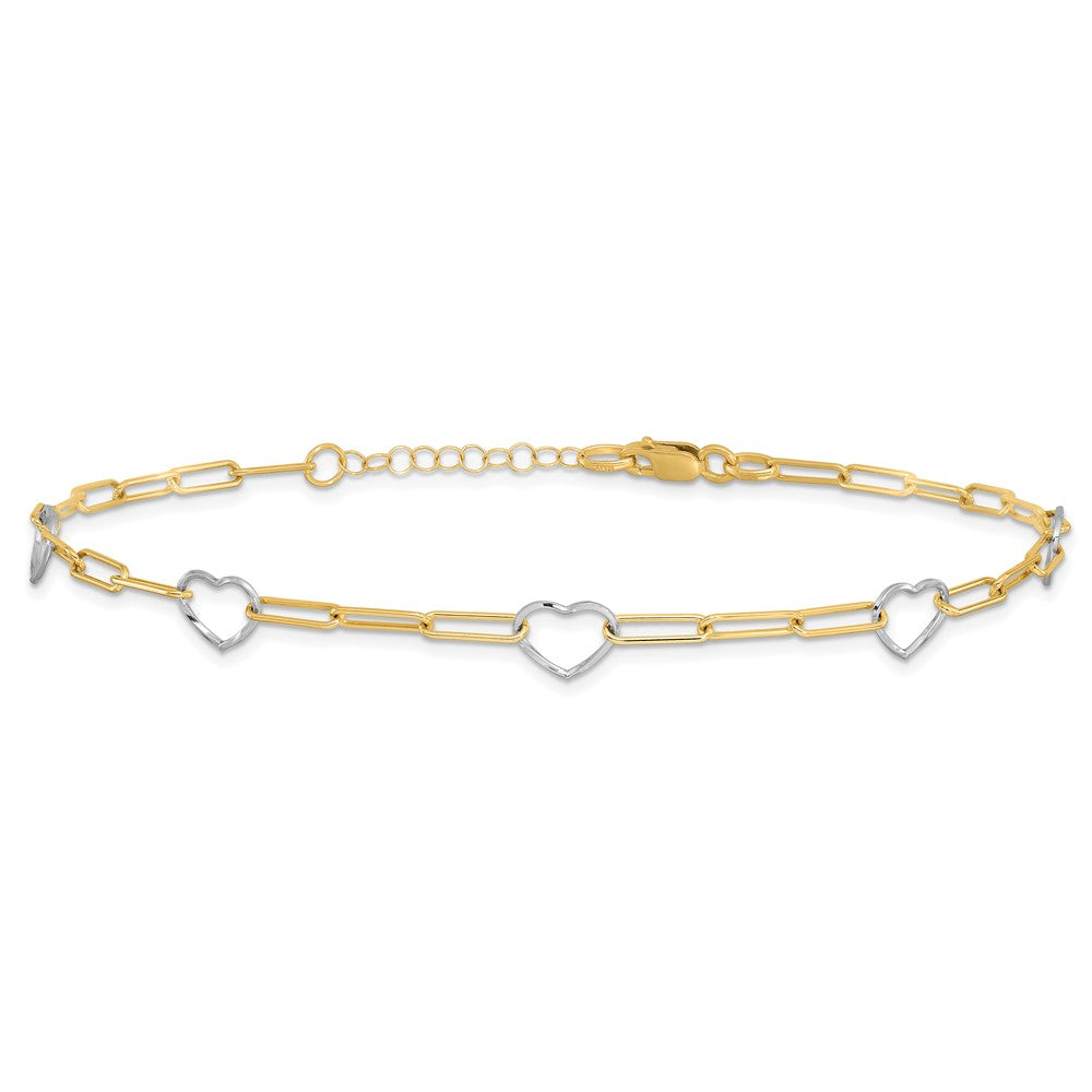 14K Two-tone Paperclip Link Heart 9in Plus 1in ext. Anklet