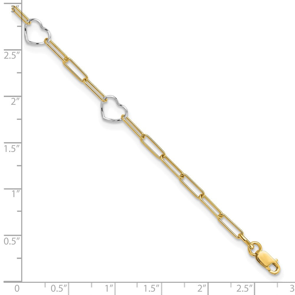 14K Two-tone Paperclip Link Heart 9in Plus 1in ext. Anklet