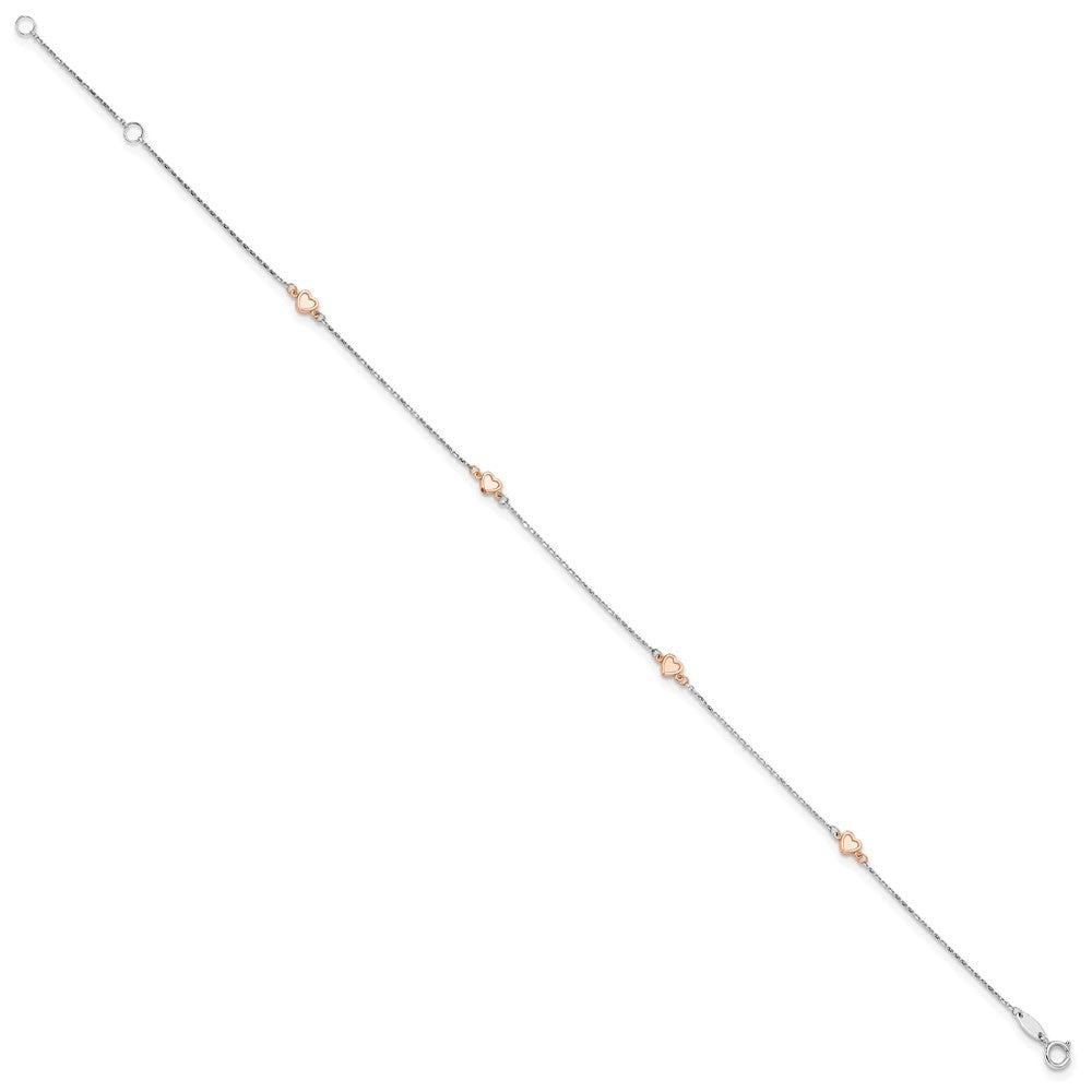 14K Two-tone White and Rose Satin Hearts 9in Plus 1in ext. Anklet