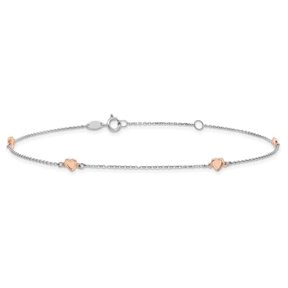 14K Two-tone White and Rose Satin Hearts 9in Plus 1in ext. Anklet