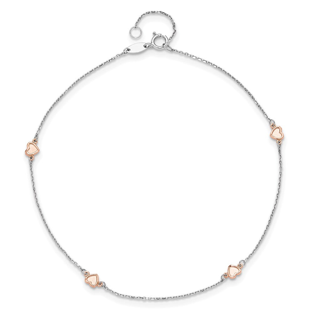 14K Two-tone White and Rose Satin Hearts 9in Plus 1in ext. Anklet