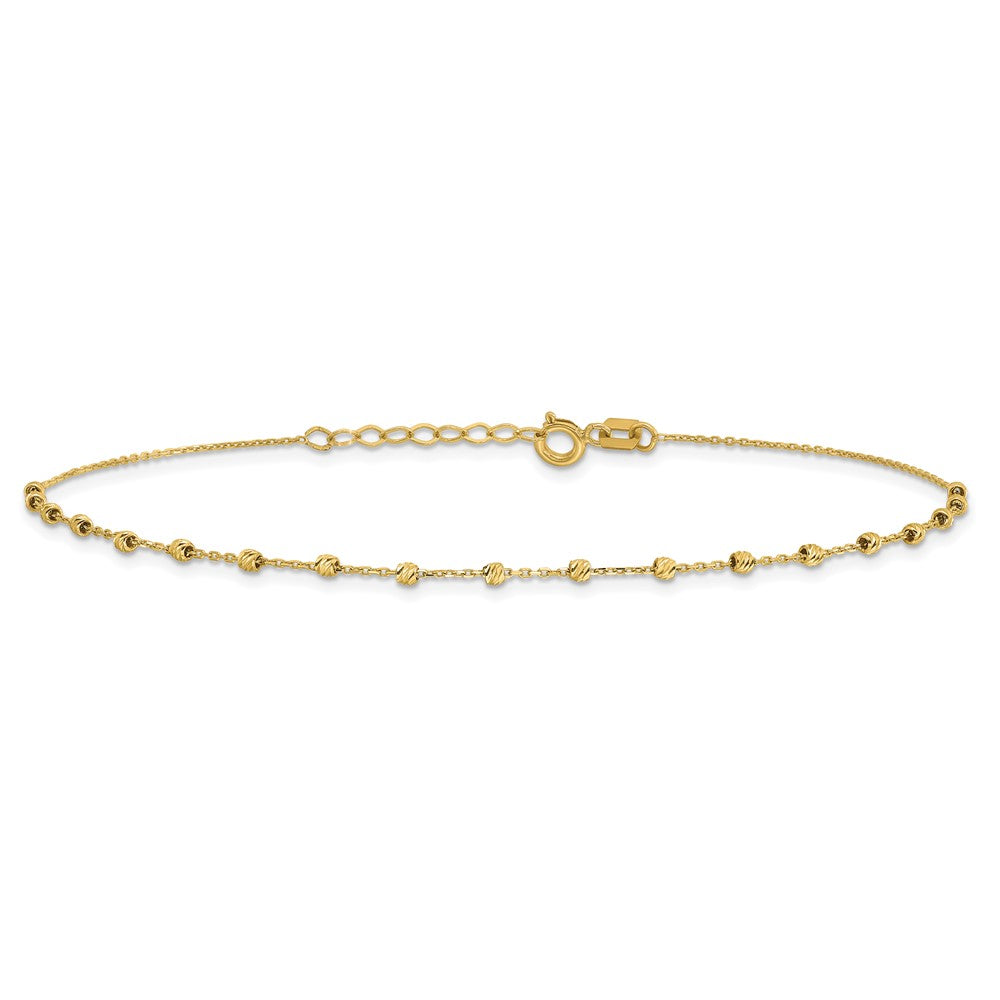 14K Polished Diamond-cut Beaded 9in Plus .75in ext. Anklet