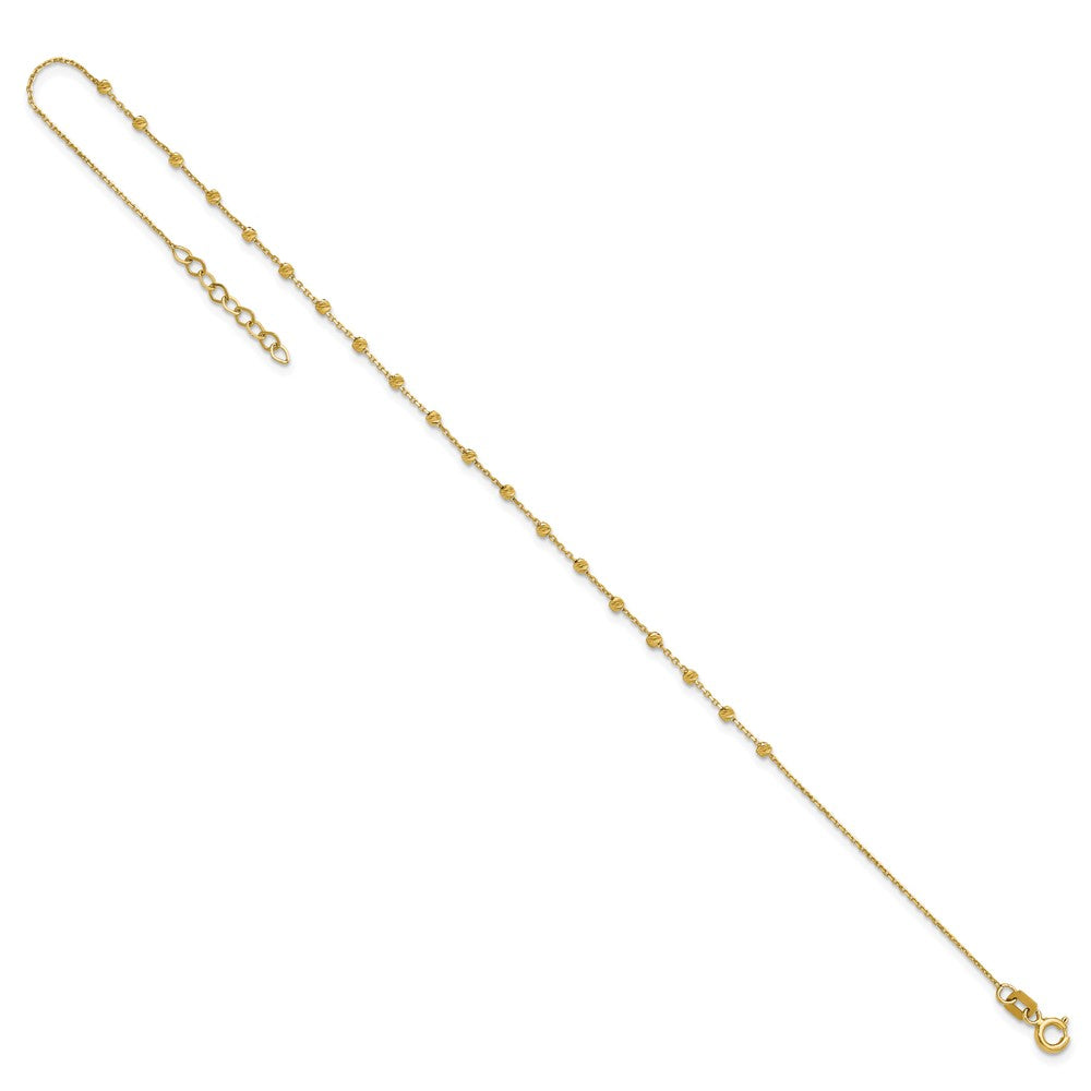 14K Polished Diamond-cut Beaded 9in Plus .75in ext. Anklet