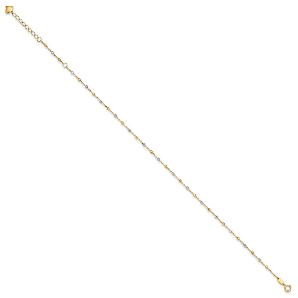 14K Two-tone Polished and Diamond-cut Beads 10in Plus 1in ext. Anklet