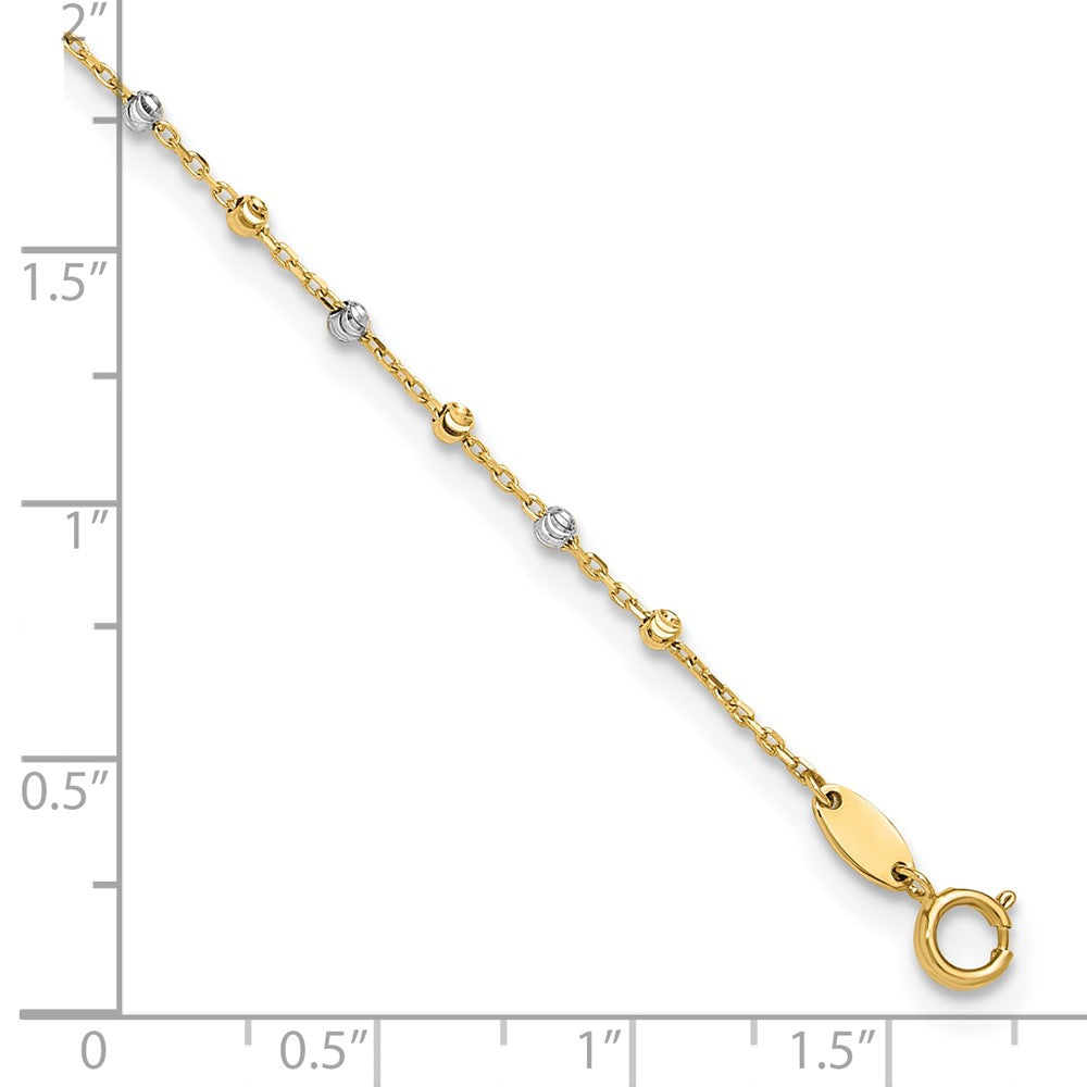 14K Two-tone Polished and Diamond-cut Beads 10in Plus 1in ext. Anklet