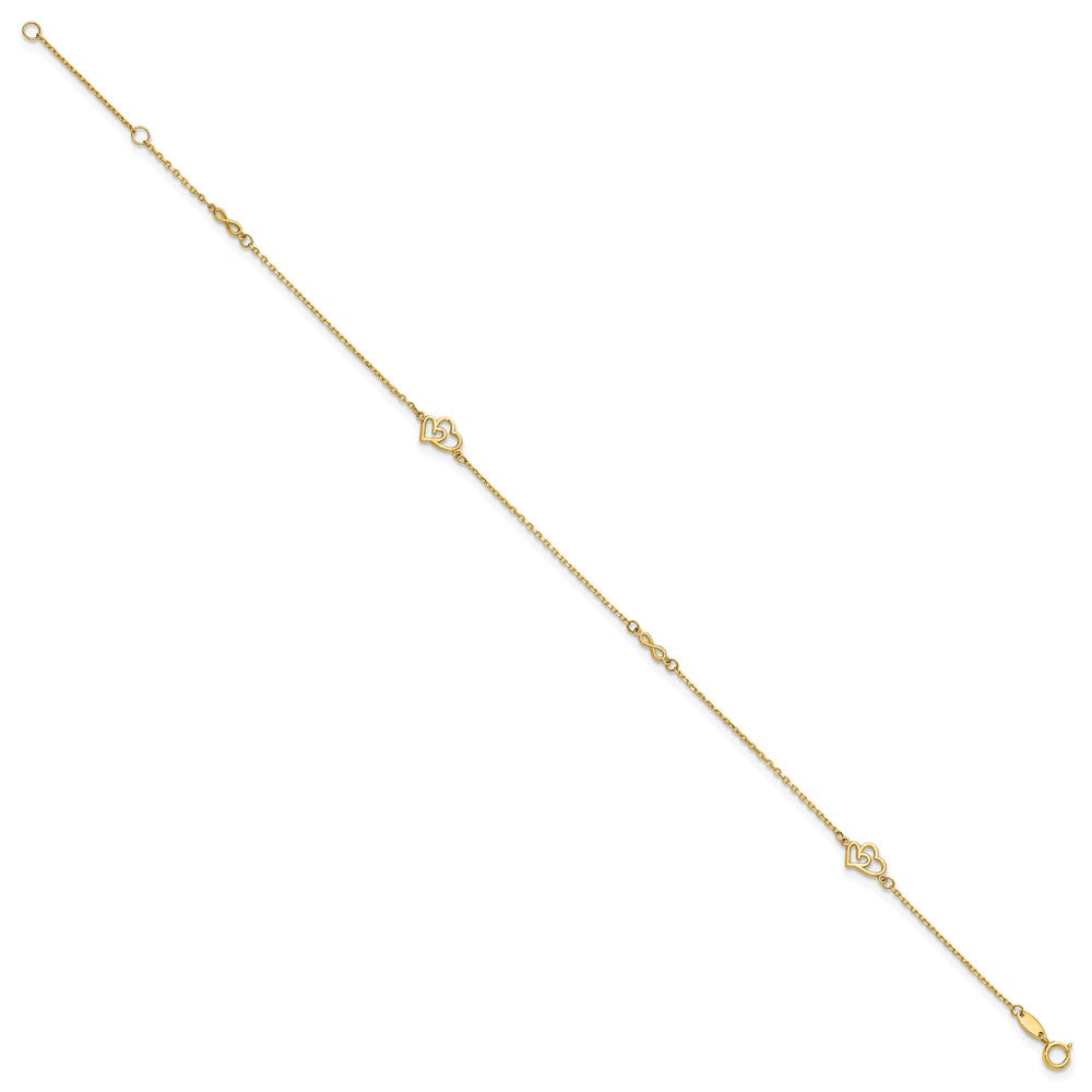 14k Polished Hearts and Infinity 9in Plus 1in ext. Anklet