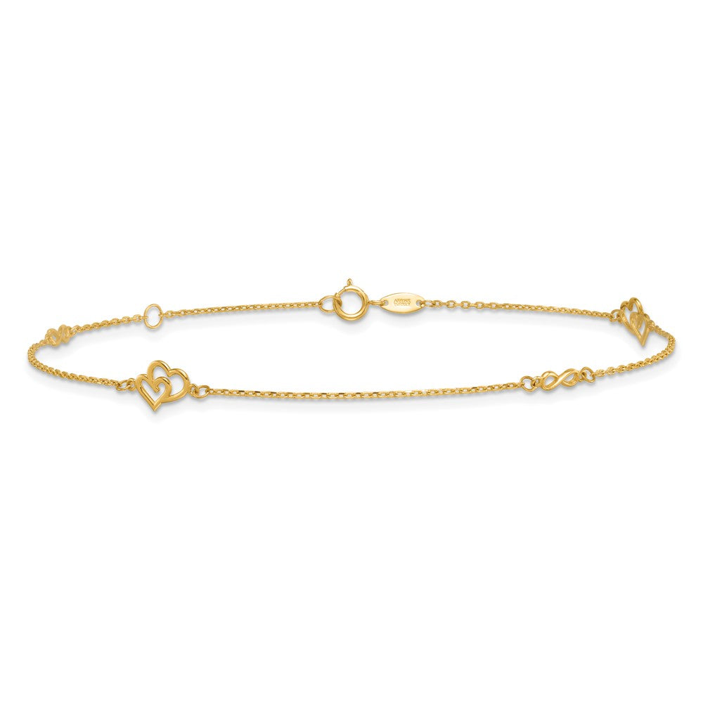 14k Polished Hearts and Infinity 9in Plus 1in ext. Anklet