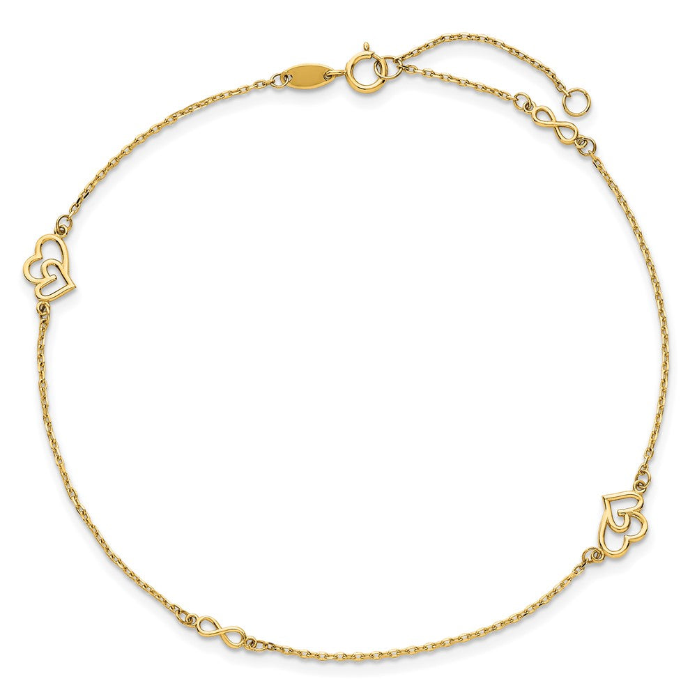 14k Polished Hearts and Infinity 9in Plus 1in ext. Anklet