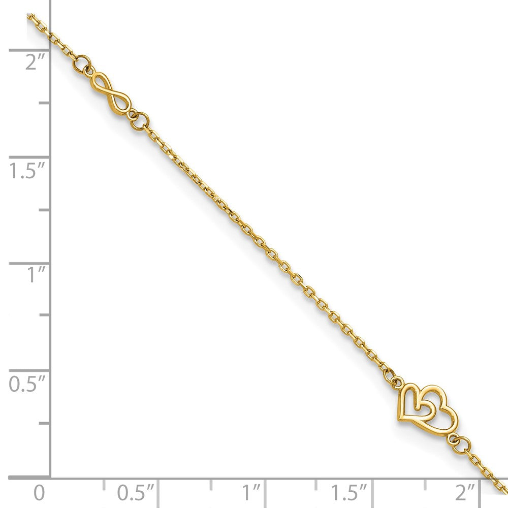 14k Polished Hearts and Infinity 9in Plus 1in ext. Anklet