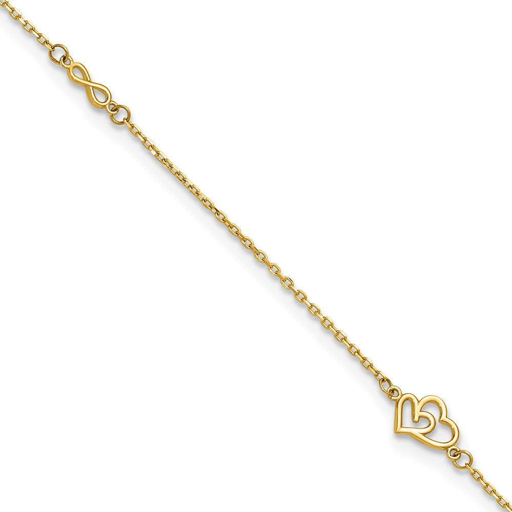 14k Polished Hearts and Infinity 9in Plus 1in ext. Anklet