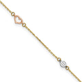 14k Tri-color Polished 9in Plus 1in ext. Hearts and Circles Anklet