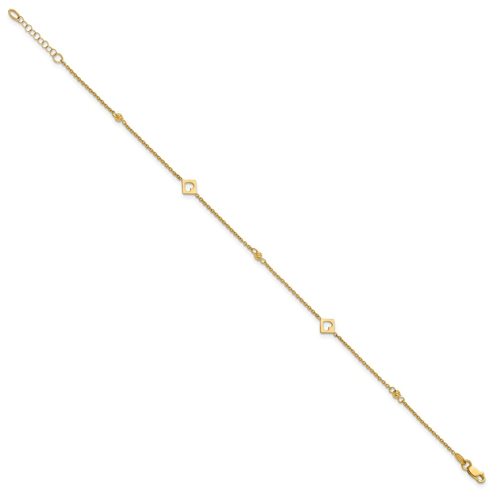 14k Link Hearts and D/C Beads 9in Plus 1in ext Anklet