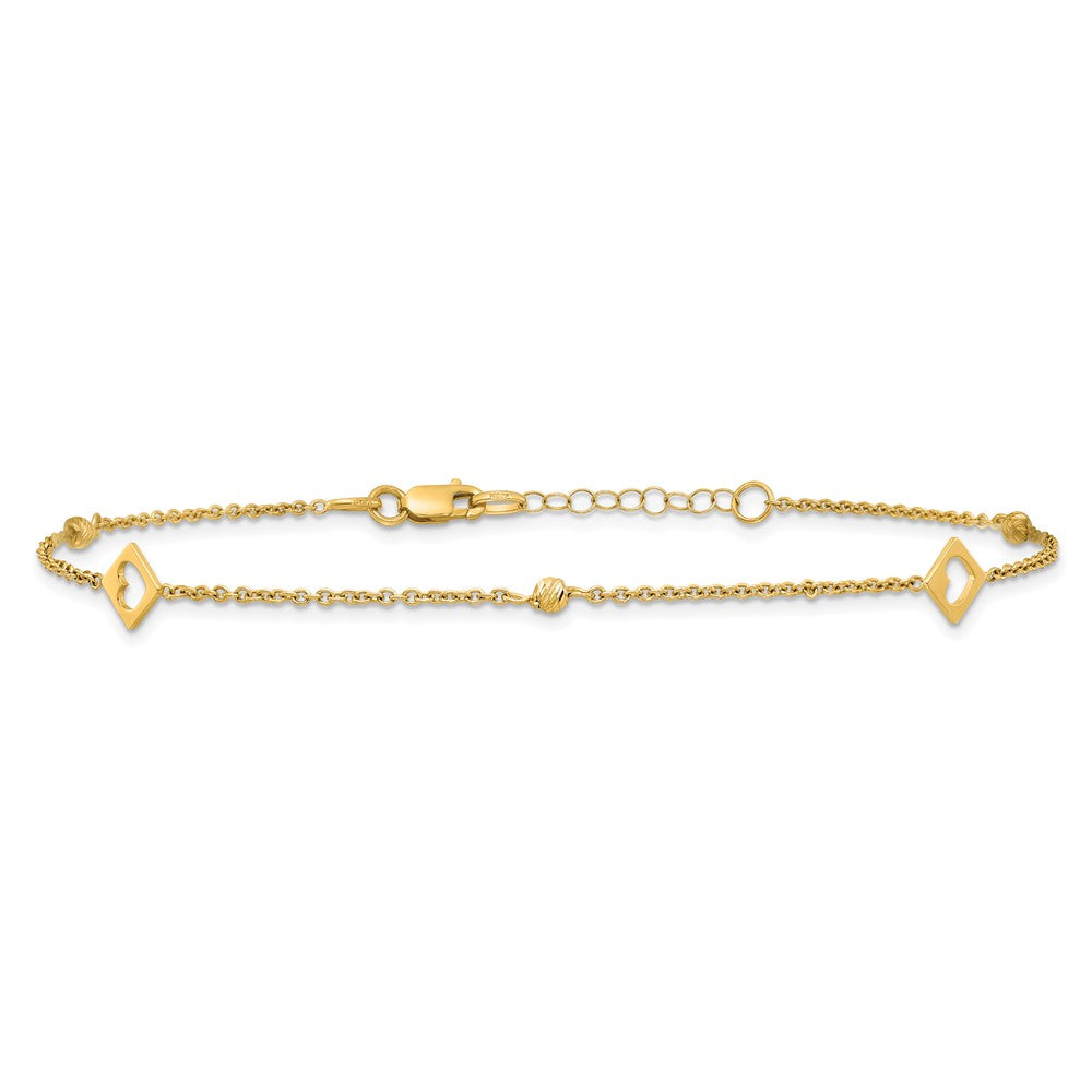 14k Link Hearts and D/C Beads 9in Plus 1in ext Anklet