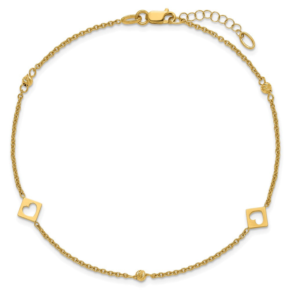 14k Link Hearts and D/C Beads 9in Plus 1in ext Anklet