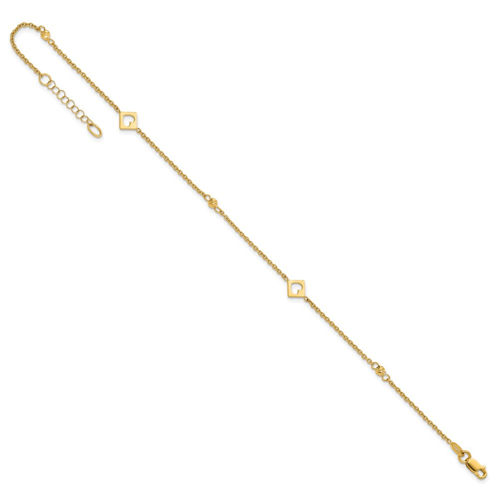 14k Link Hearts and D/C Beads 9in Plus 1in ext Anklet