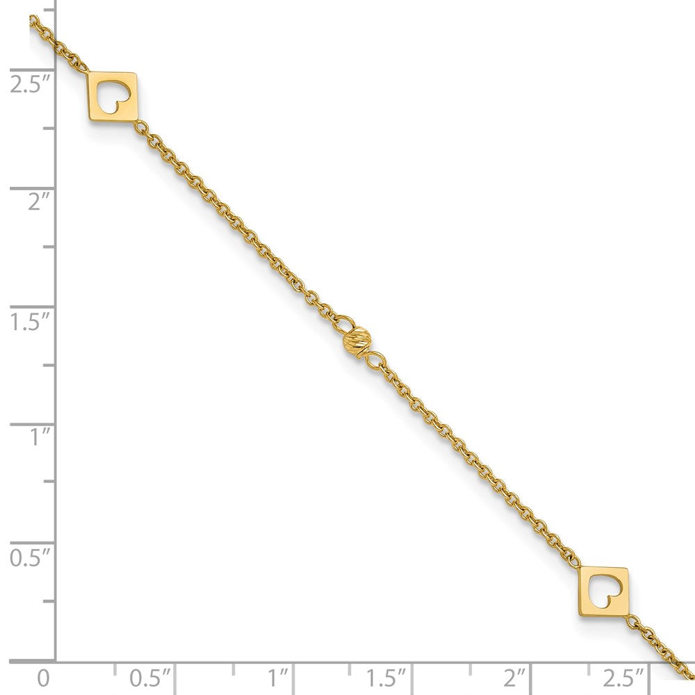 14k Link Hearts and D/C Beads 9in Plus 1in ext Anklet
