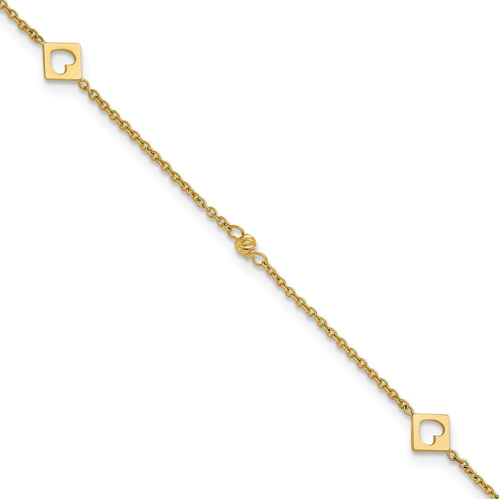 14k Link Hearts and D/C Beads 9in Plus 1in ext Anklet