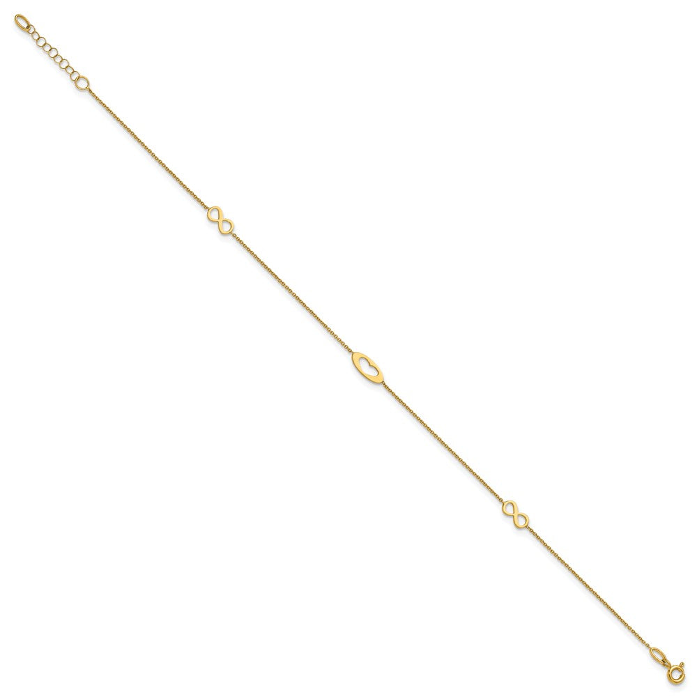 14k Polished Infinity and Heart 9in Plus 1in ext Anklet