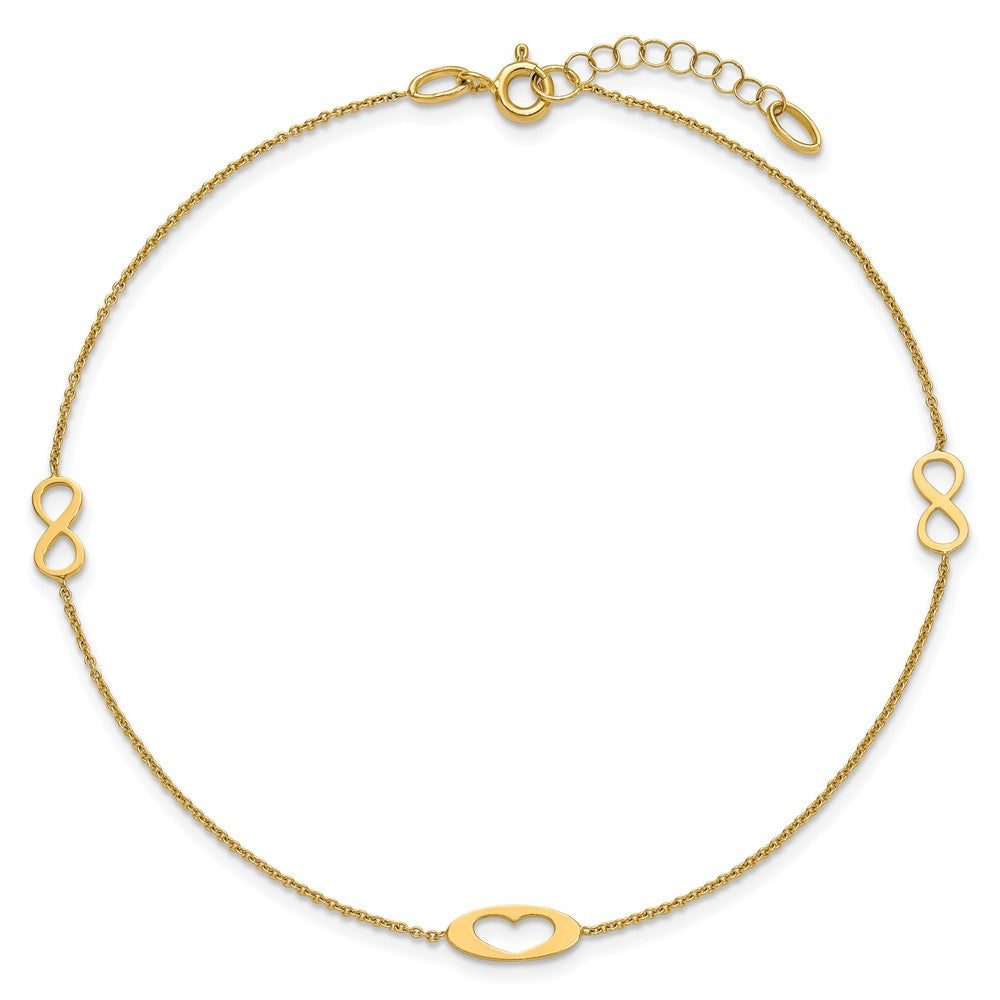 14k Polished Infinity and Heart 9in Plus 1in ext Anklet