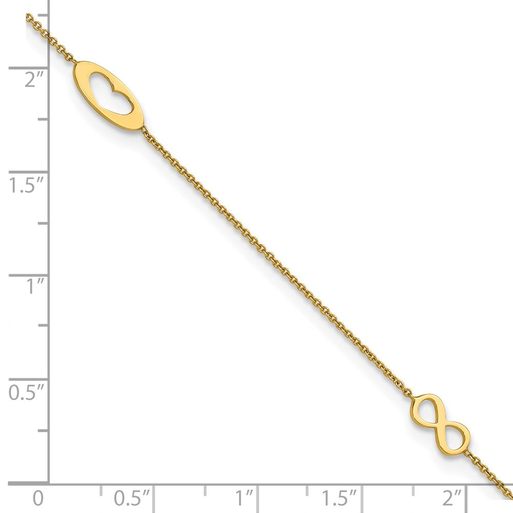 14k Polished Infinity and Heart 9in Plus 1in ext Anklet