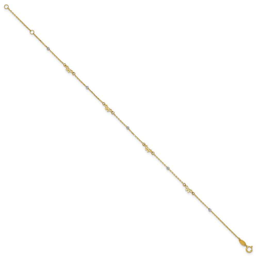 14k Two-tone Polished 9in Plus 1in ext. D/C Bead and Bows Anklet