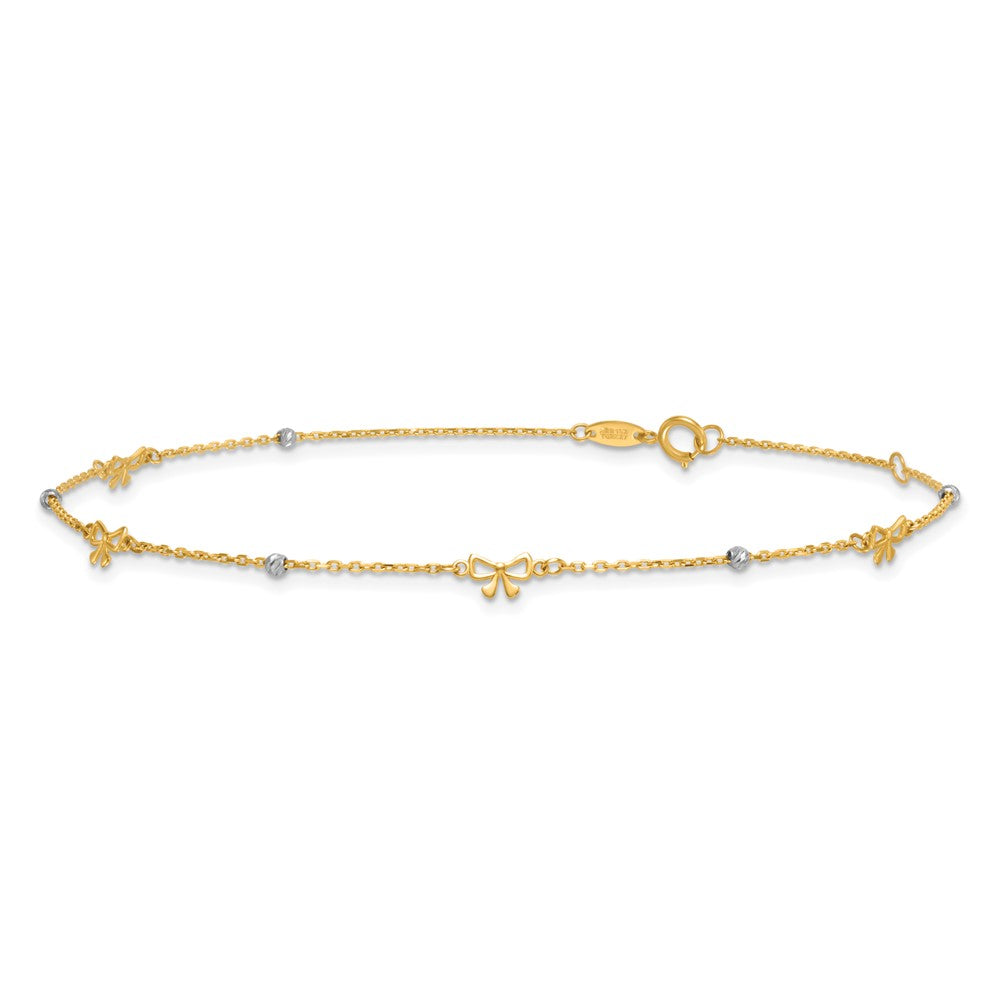 14k Two-tone Polished 9in Plus 1in ext. D/C Bead and Bows Anklet