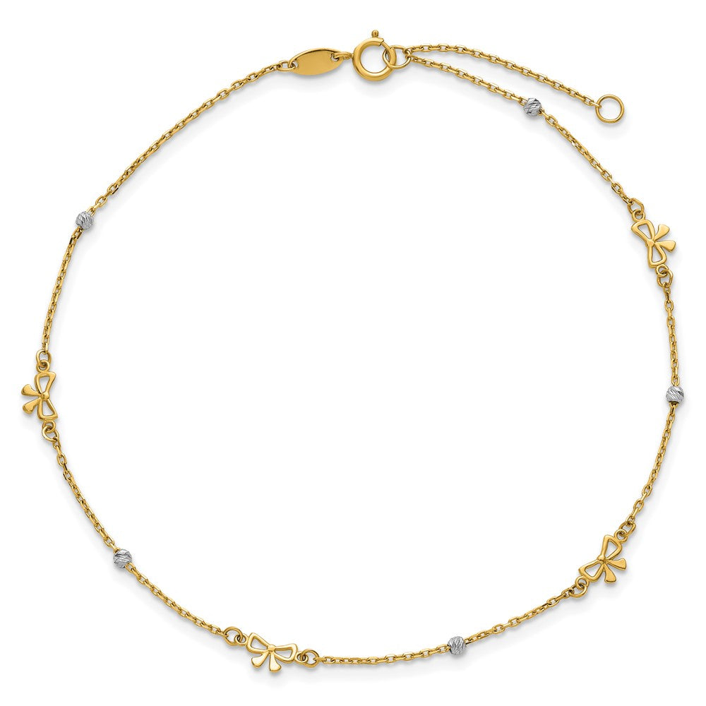 14k Two-tone Polished 9in Plus 1in ext. D/C Bead and Bows Anklet