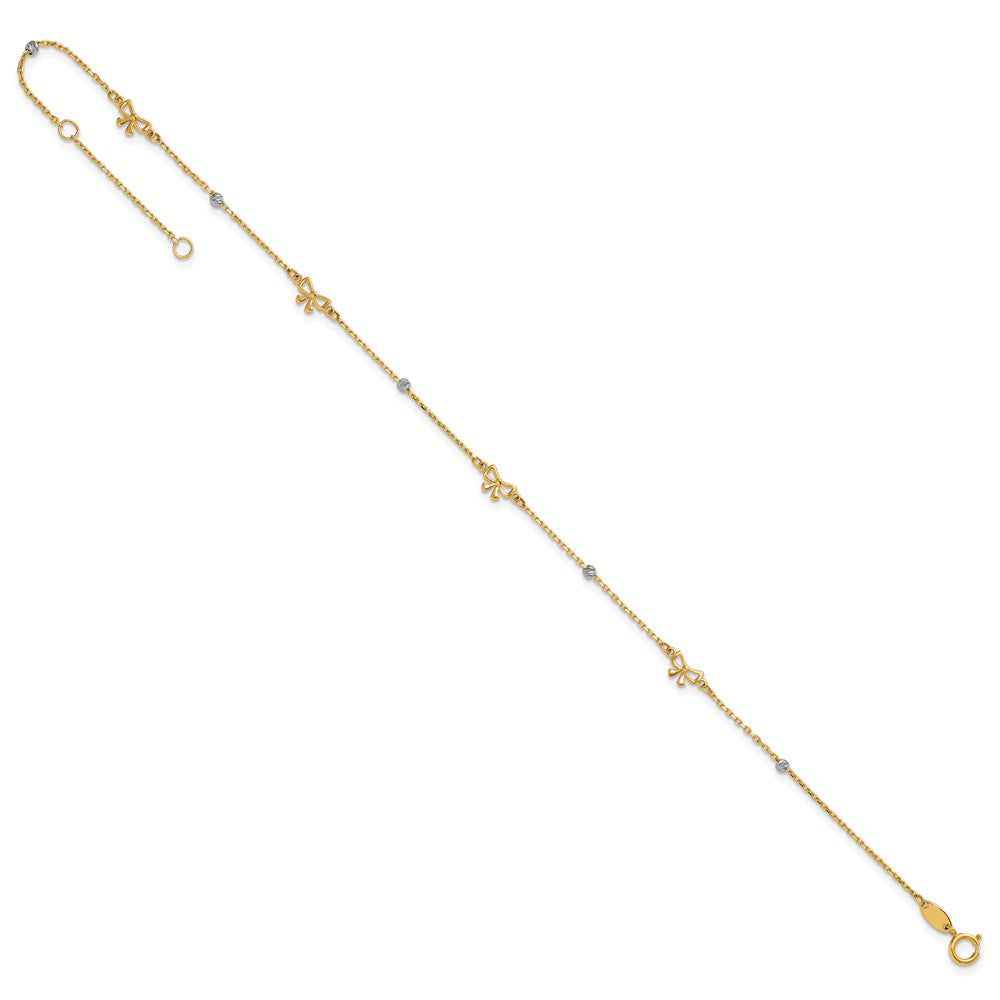 14k Two-tone Polished 9in Plus 1in ext. D/C Bead and Bows Anklet