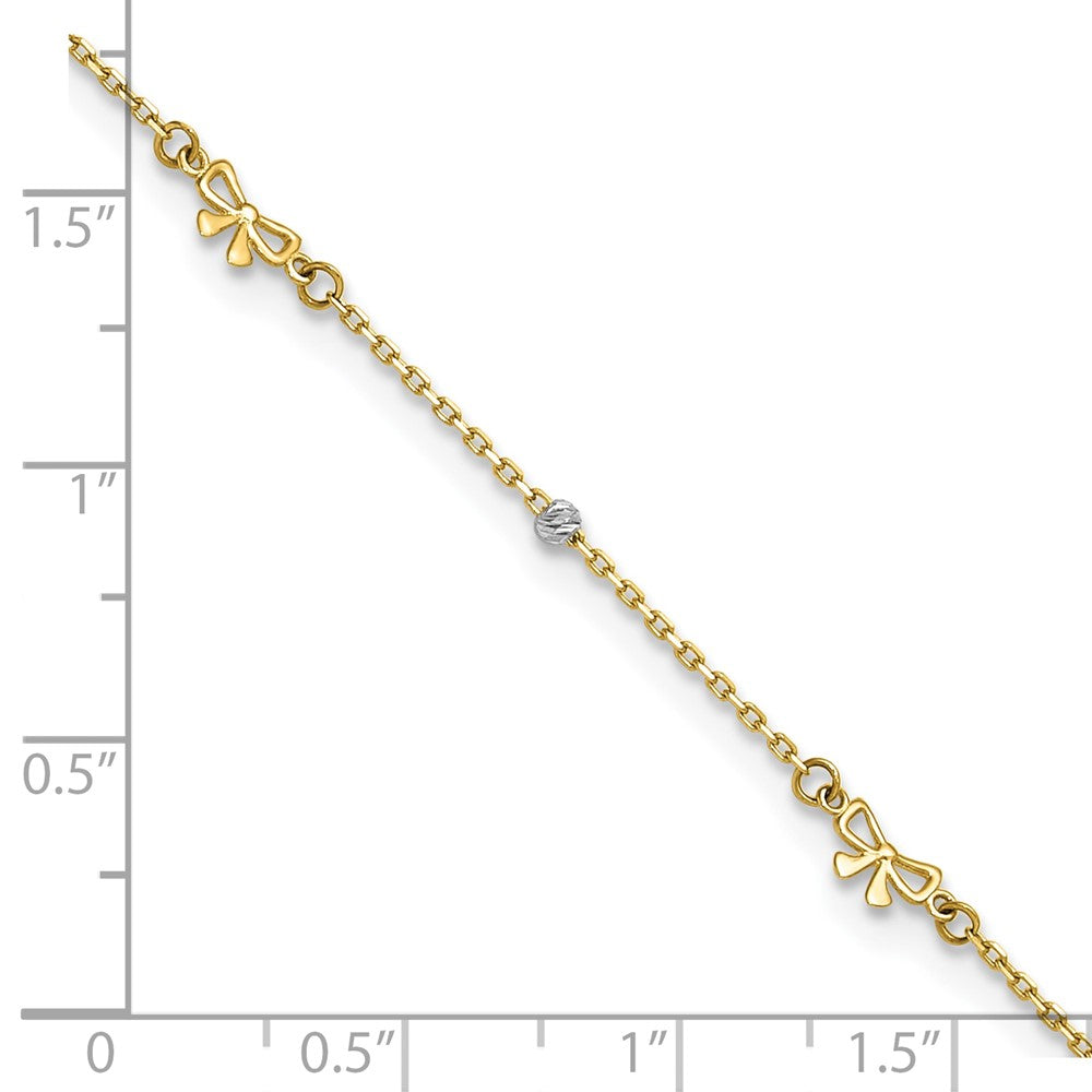 14k Two-tone Polished 9in Plus 1in ext. D/C Bead and Bows Anklet