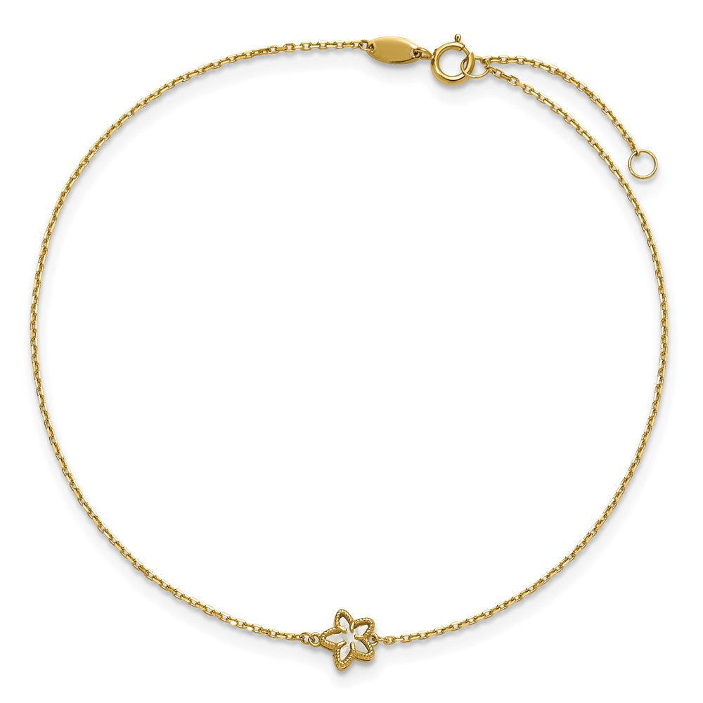 14K Polished Mother of Pearl Flower 9in Plus 1in ext. Anklet