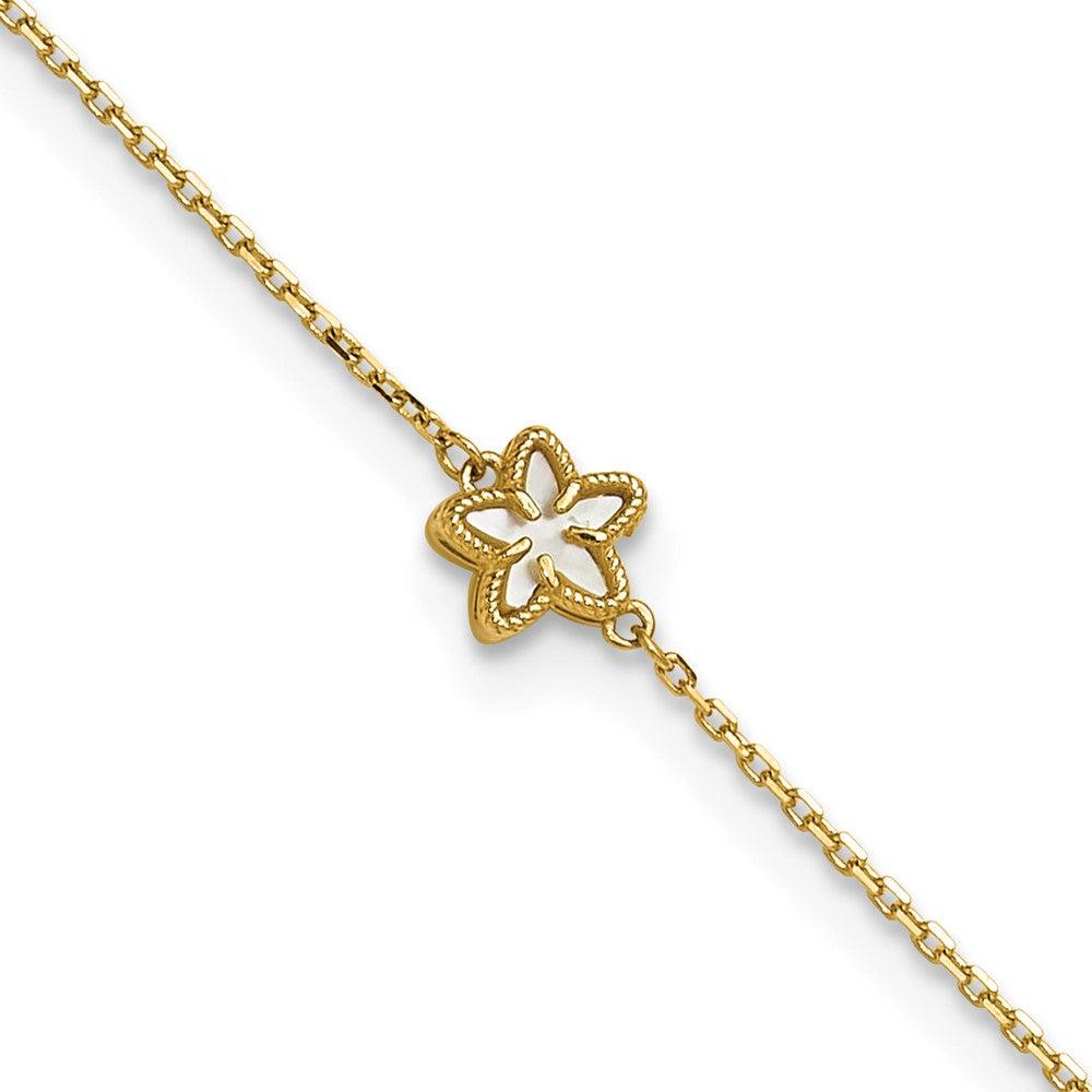 14K Polished Mother of Pearl Flower 9in Plus 1in ext. Anklet